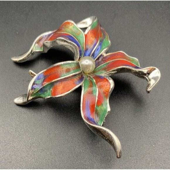 Vtg Brooch Marbled Red Blue Green Multicolor Enamel Silver Tone Flower 2.25" - Picture 4 of 7